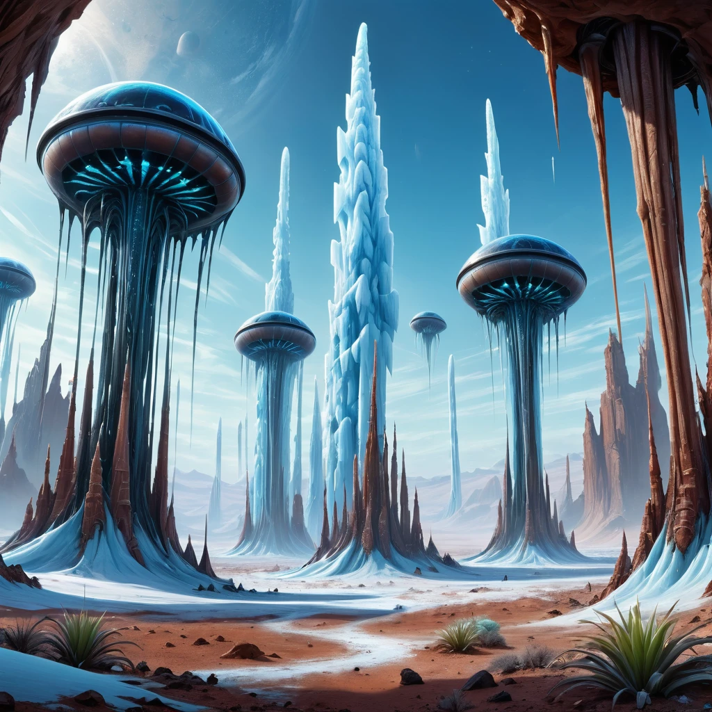 (photorealistic), (hight resolution 4k, 8k)painting in high definition, nffsw,(sharp focus, realistic)(maximum quality),((best quality: 1.5) ,((masterpiece: 0.8)) intricate details,
strange world , strange and hostile planet,in a desert of an alien planet, aonlonge ice pillars like alien command towers, blue sky, e artimosfera laranjada, Carnivorous plants, giant insects with large spider-like legs, panoramic scene, Hyper-Realism, high qualiy, Maximum quality, ships hovering in the air from the ice towers ,