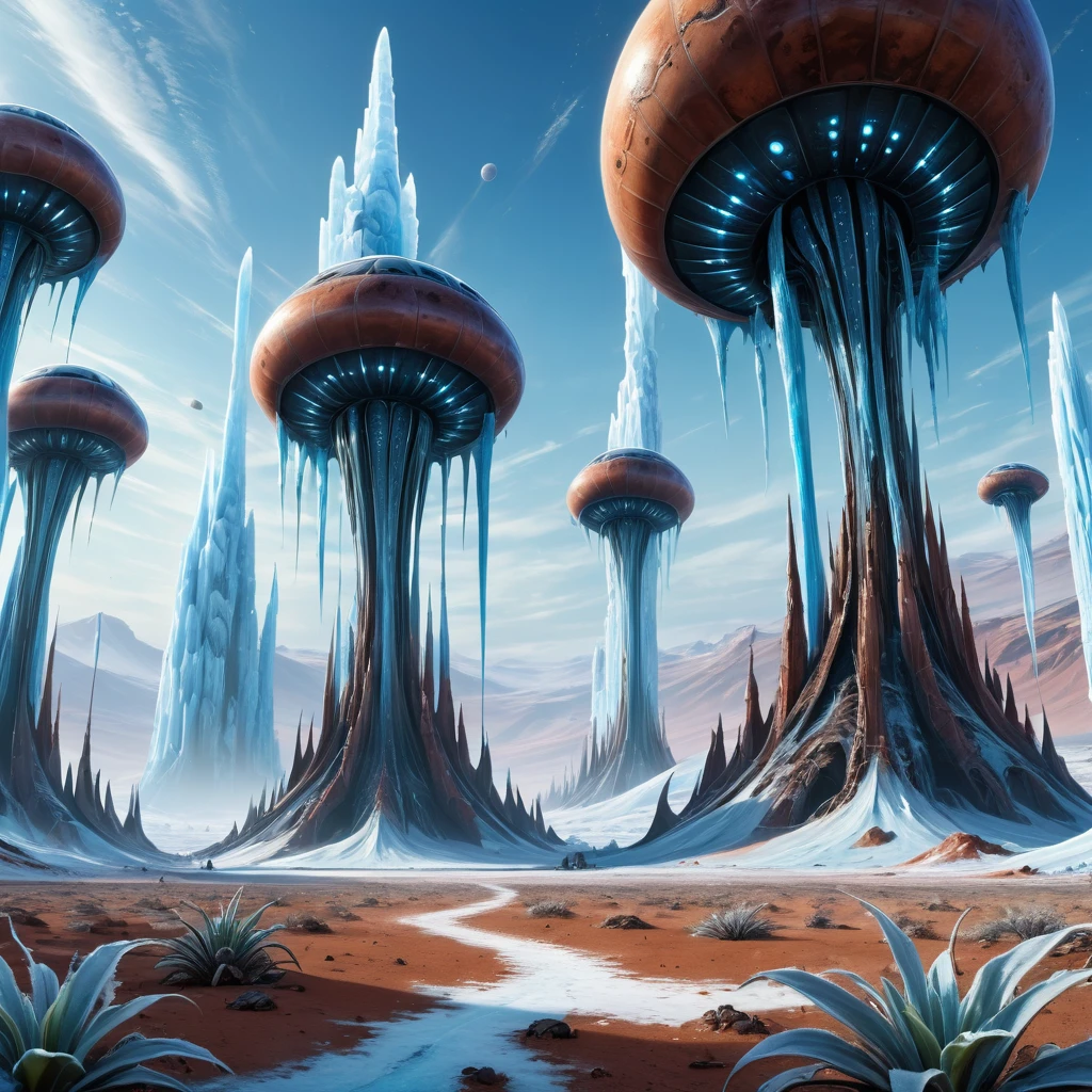 (photorealistic), (hight resolution 4k, 8k)painting in high definition, nffsw,(sharp focus, realistic)(maximum quality),((best quality: 1.5) ,((masterpiece: 0.8)) intricate details,
strange world , strange and hostile planet,in a desert of an alien planet, aonlonge ice pillars like alien command towers, blue sky, e artimosfera laranjada, Carnivorous plants, giant insects with large spider-like legs, panoramic scene, Hyper-Realism, high qualiy, Maximum quality, ships hovering in the air from the ice towers ,