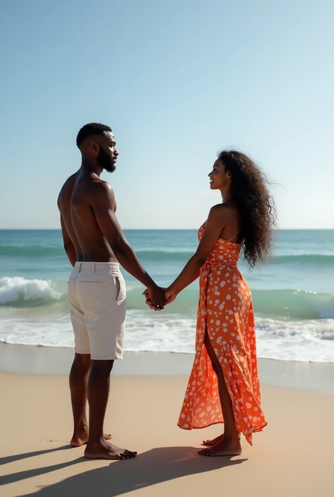 an african male artist with her girlfriend holding hands at the beach