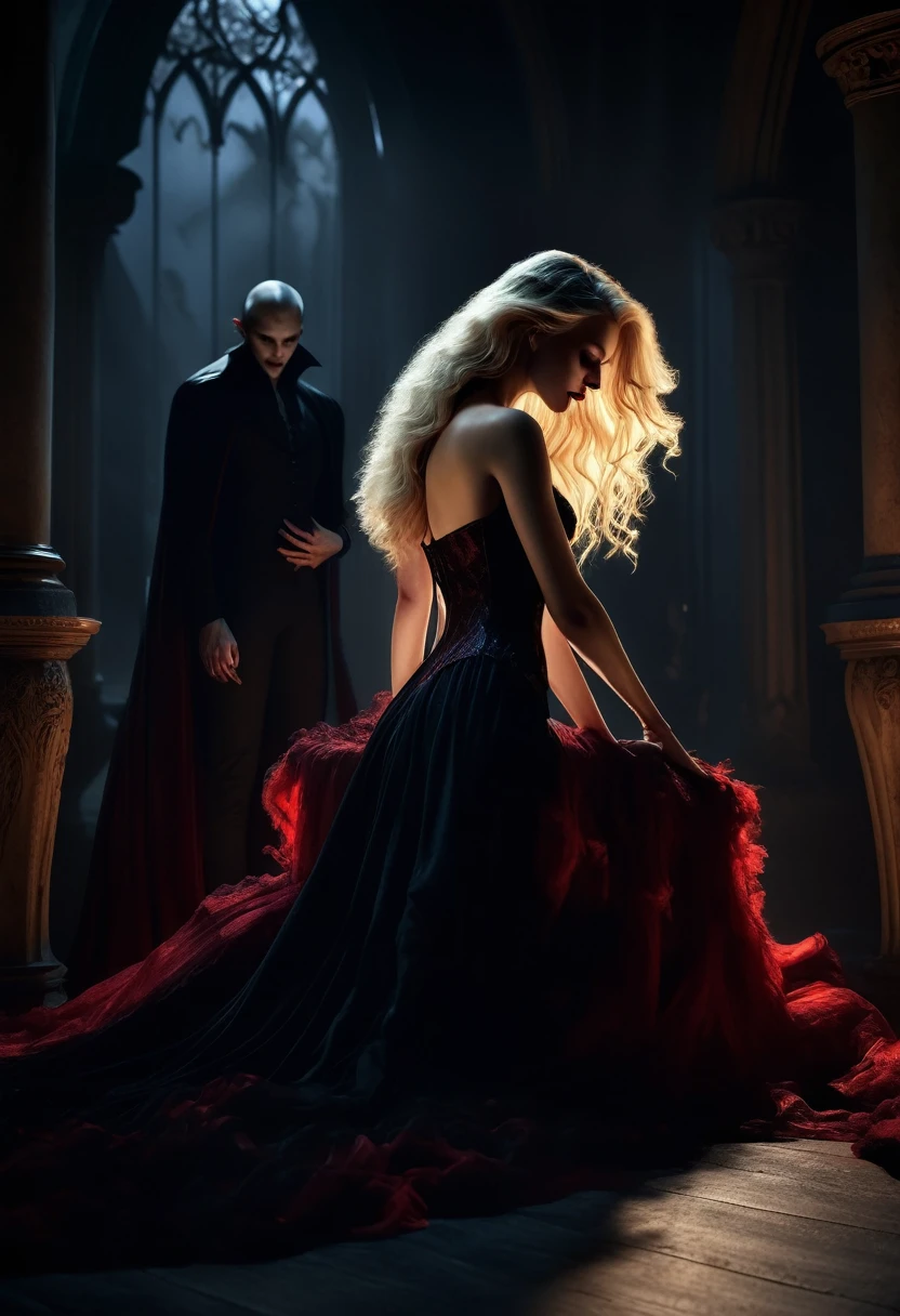Surrealism, 8K, award winning digital art, Dark Fantasy, Dramatic Lighting, full-body shot, from the side, Wide Angle, Deep Shadows, The Vampire Goddess and Her Prey, Extremely delicate skin, Perfect Blonde Wavy Hair, (The sexiest vampire in the world is seducing someone), (She is absorbing someone's energy with her hands), (Lay on your hands), She wears very exquisite clothes,There are detailed patterns and glass textures on it, She exudes a sexiness that is irresistible, The viewer is caught in a dream full of sexual tension., The scene unfolds in a dungeon dimly lit by red magical light., Dark Magic Ritual, witchcraft, Red and Olive Tones, Mysterious red energy, Dramatic red lighting, Chiaroscuro, Melancholy atmosphere, Film composition