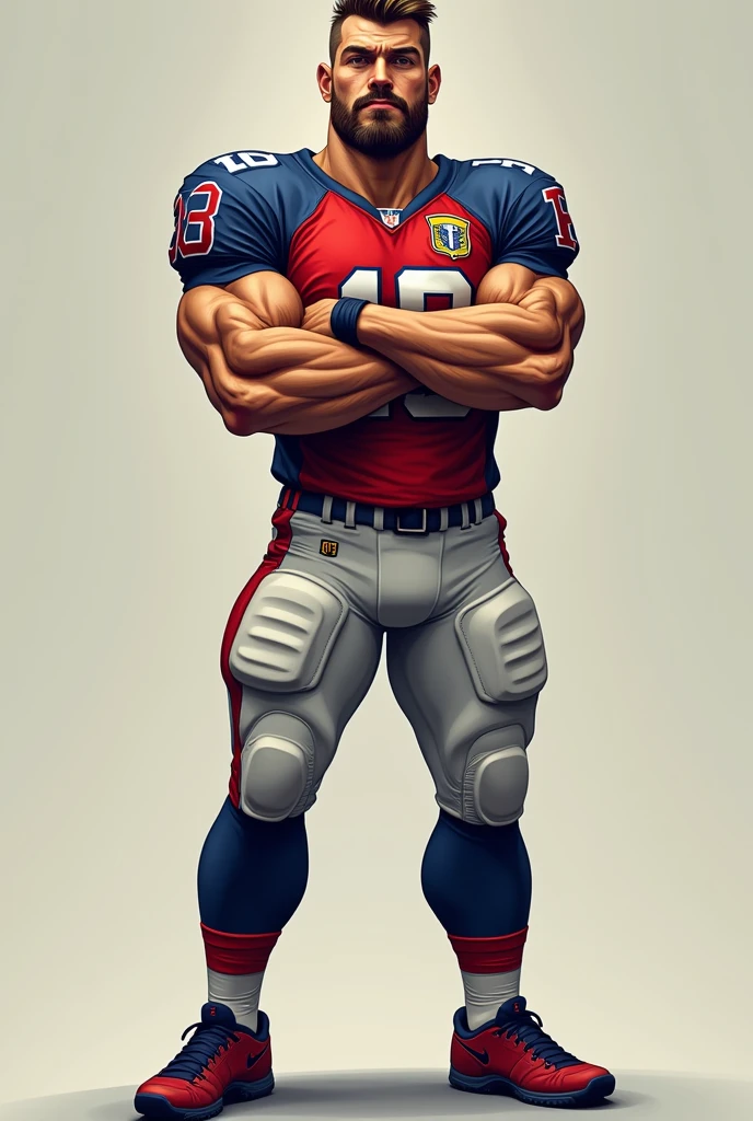 Individual performance of a football player, showing himself from the front with his arms crossed (whole body)that they have their shirt with the Lions International Logo 