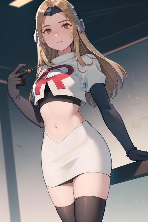 masterpiece, best quality, mathilda, brown eyes,helmet,  looking at viewer, team rocket,team rocket uniform,white skirt,red letter R,crop top,black thigh-highs,black elbow gloves