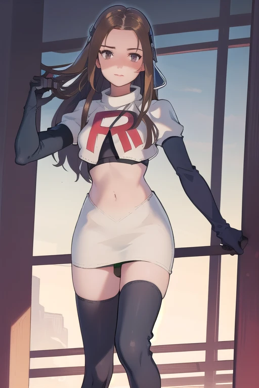 masterpiece, best quality, mathilda, brown eyes,helmet,  looking at viewer, team rocket,team rocket uniform,white skirt,red letter R,crop top,black thigh-highs,black elbow gloves