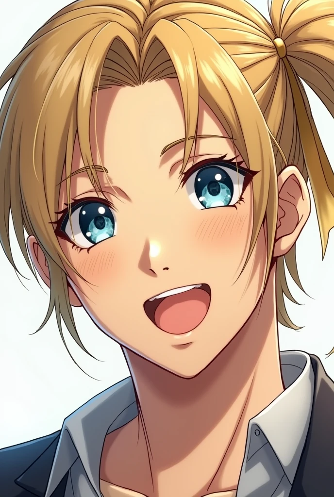 Manga style Close up, handsome man, darker blonde hair that was parted in the middle, Her bangs hung loosely over her forehead and her slightly longer hair was tied with a gold ribbon into a side ponytail., blue eyes and a smile.