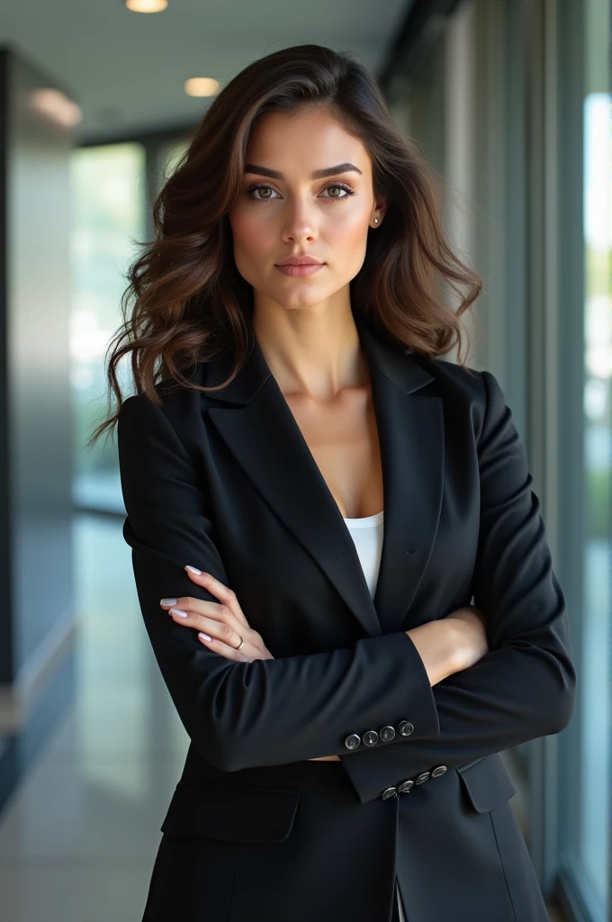 Image of businesswoman, curled hair, youthful face, making an important pose