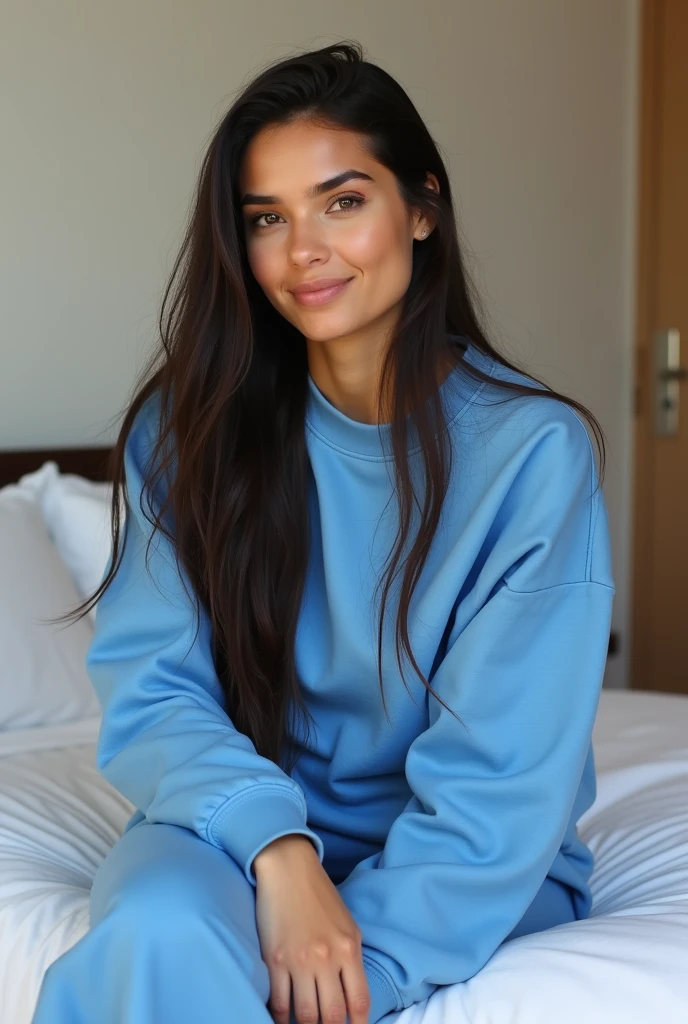 A 25-year-old, 70-kilo Brazilian woman with long, straight dark hair and a blue sweatshirt, sweatpants sitting on a white bed with her friend brazier, full body background room