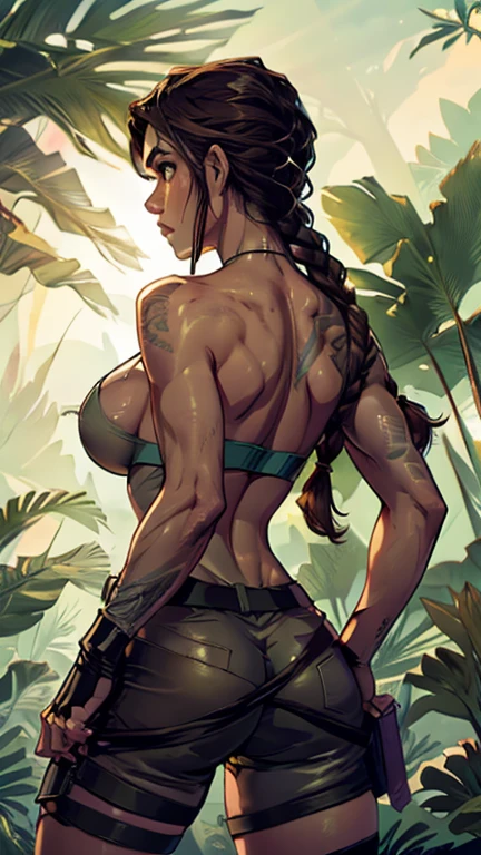 Completely naked, nude, brown nipples, vagina, labia, whorish;(sexy, eye-catching, seductive) tomb raider, single braid  ponytail (adventurous, determined) expression on her face, (long, flowing) brown hair, (fit, athletic) physique, (confident, powerful) posture, (visually stunning, vibrant) jungle background, (sunlight streaming through the trees, casting dramatic shadows), (crumbling ancient ruins in the distance), (mystical, hidden) artifacts, (exotic, dangerous) wildlife, (authentic, photorealistic) art style, (vivid, saturated) colors, (dynamic, dramatic) lighting, (best quality, high-res) image, (ultra-detailed, sharp focus) on the character, (professionally rendered, realistic) textures, (bokeh) effect for depth of field, no tattoos, huge round breasts, rear view, show butt, short shorts