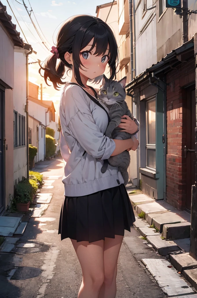girl with a grey cat on top of her, alleyway, sunset