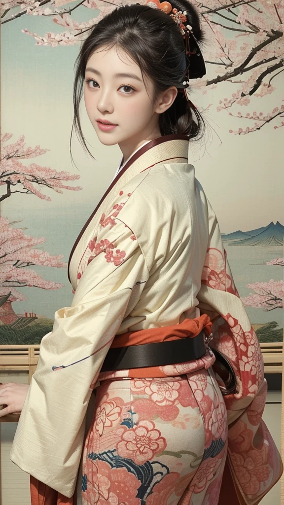 (background:Cherry blossoms on the mountain are covered with mist)((Ukiyo-e))japanese art,or period,tokyo art, lily,Natural landscape.(masseter membrane、top quality、Ukiyo-e style、mystery、Exquisite and beautiful、official art、Sharaku:1.2)、(1 japanese girl in:1.3)、(fractal art:1.3)、cowboy shooting、White skin、(beautiful brunette、kimono:1.2)、With Japanese traditional performing arts as the background、colorful、(reel、Belongs to Japanese style:1.2)、