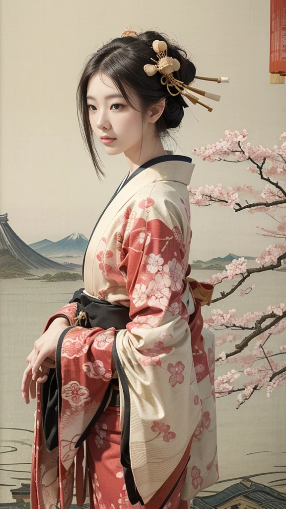 (background：Cherry blossoms on the mountain are covered with mist)((Ukiyo-e))japanese art,or period,tokyo art, lily,Natural landscape.(masseter membrane、top quality、Ukiyo-e style、mystery、Exquisite and beautiful、official art、Sharaku:1.2)、(1 japanese girl in:1.3)、(fractal art:1.3)、cowboy shooting、White skin、(beautiful brunette、kimono:1.2)、With Japanese traditional performing arts as the background、colorful、(reel、Belongs to Japanese style:1.2)、