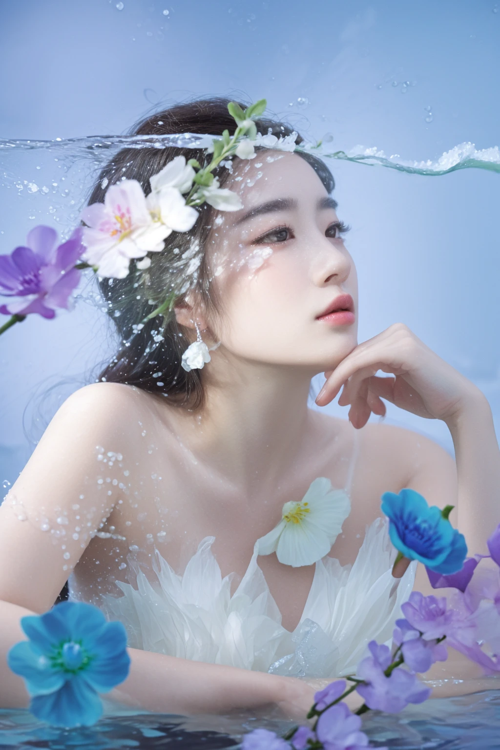 there is a woman in a white dress with flowers in her hair, closeup fantasy with water magic, with frozen flowers around her, water fairy, portrait of a woman underwater, asian female water elemental, ethereal beauty, real photoshoot queen of oceans, queen of the sea mu yanling, portrait shot, inspired by Jin Nong, milk bath photography, inspired by Zhang Yan