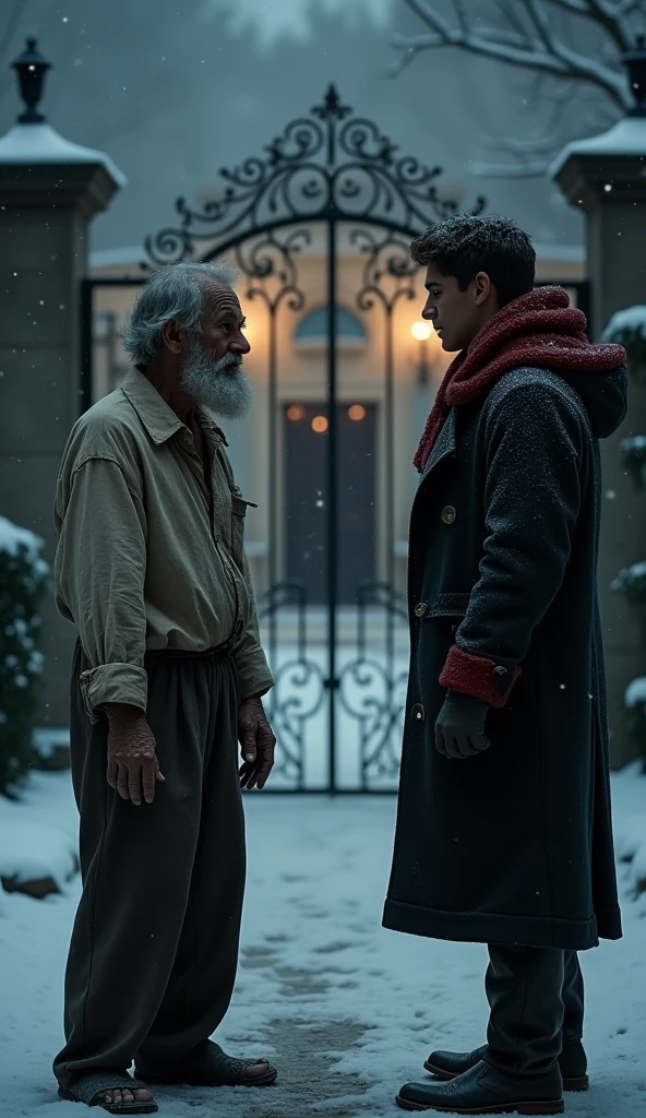 An extremely poor old man with black oil marks on his dirty face and unmaintained beard stands near a grand mansion gate. His hair and nails are very dirty, and he wears a torn plain single shirt that barely covers his frail body. The young rich man, dressed in a lush pent coat with a red muffler, approaches the old man. The night is dark and cold, with heavy snowfall covering the ground around them.