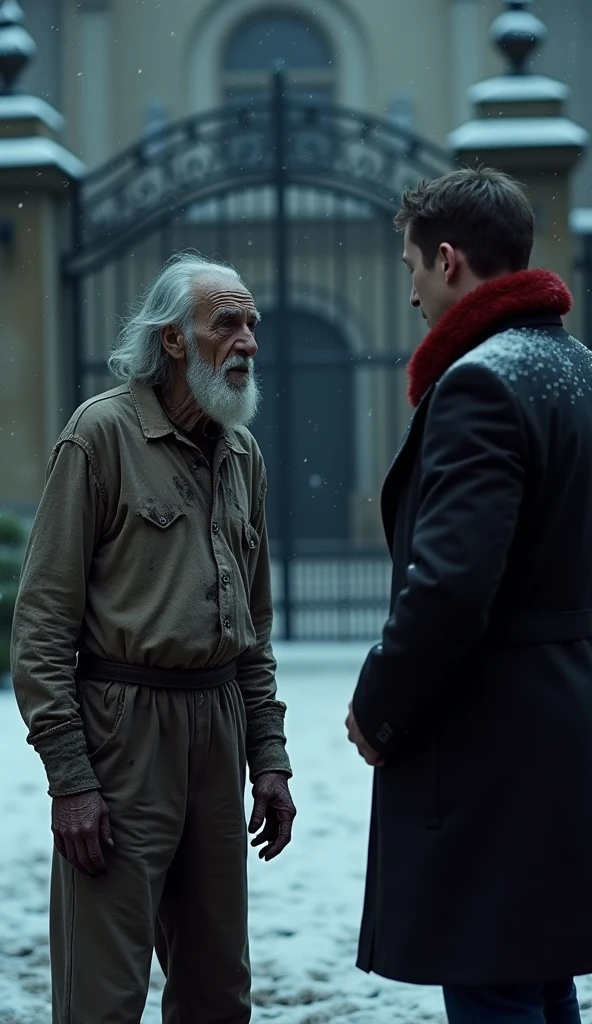 An extremely poor old man with black oil marks on his dirty face and unmaintained beard stands near a grand mansion gate. His hair and nails are very dirty, and he wears a torn plain single shirt that barely covers his frail body. The young rich man, dressed in a lush pent coat with a red muffler, approaches the old man. The night is dark and cold, with heavy snowfall covering the ground around them.