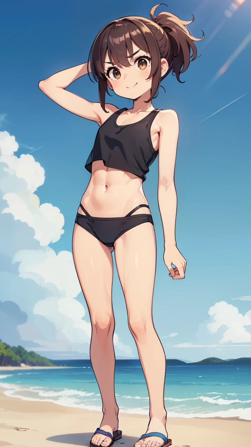 Score_9,score_8_up,score_7_up, source_cartoon, young, spike bangs, spike ponytail, brown hair, brown eyes, tanned skin, small breasts, flat chest, ((sport swim tank top, midriff, sport blue swim trunks, flip flops)), masterpiece, looking at you, detailed face, big eyebrows, detailed eyes, detailed body, detailed hands, glistering body, shiny body, skinny, smile, full body, beach, clear sky, standing,
