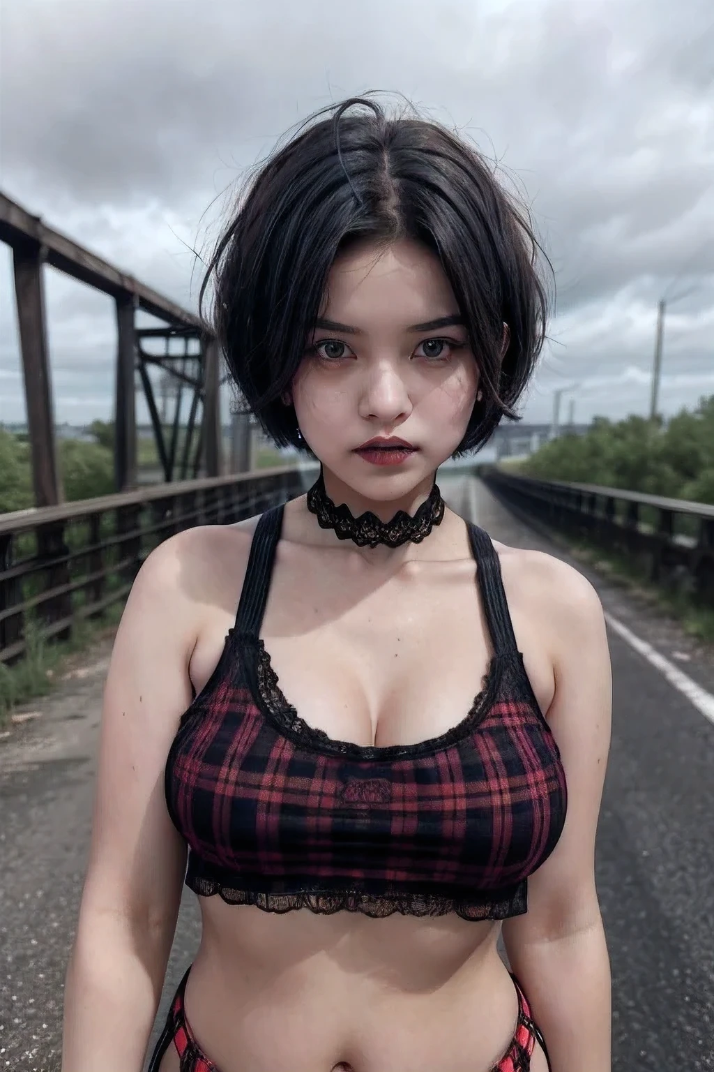 (((VERY SHORT HAIRCUT))), A girl with a very fat bbw body naked in the middle of a dilapidated bridge, ((NECK LACE)), ((GOTH GIRL BLACK LIPS)). ((Red Plaid Croptank))