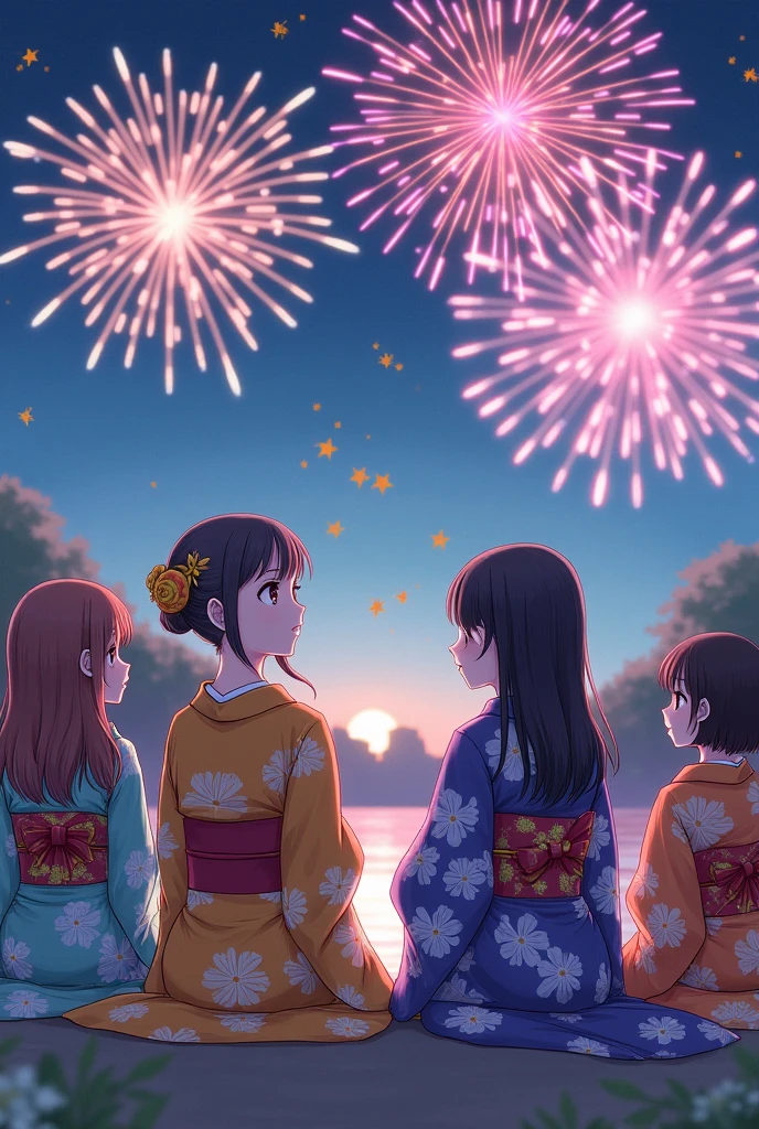Cute girls in yukatas with fireworks in the background