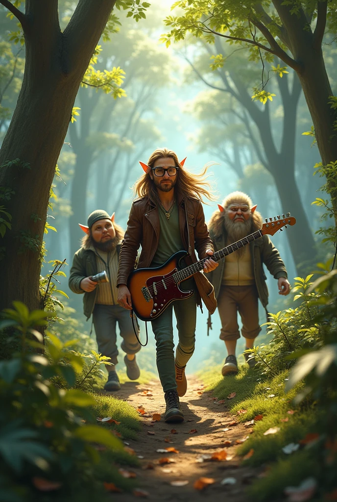 elf in a leather jacket with long hair, glasses and an electric guitar , a stupid troll in adidas and a gnome in a coat with a hammer are walking through the forest