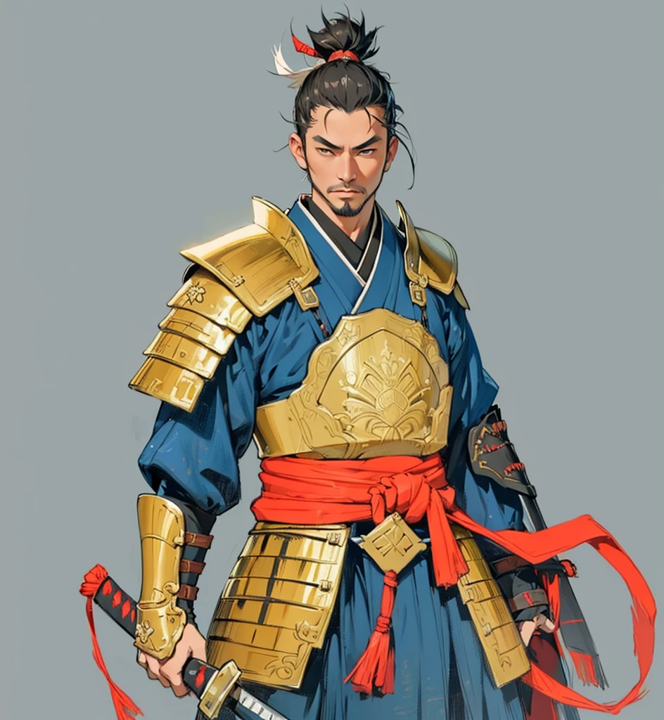 Need to create art for MMORPG, centered on a Japanese setting. digital painting, adult man, Samurai. Asian, samurai armor, golden armor, japanese samurai clothing, 