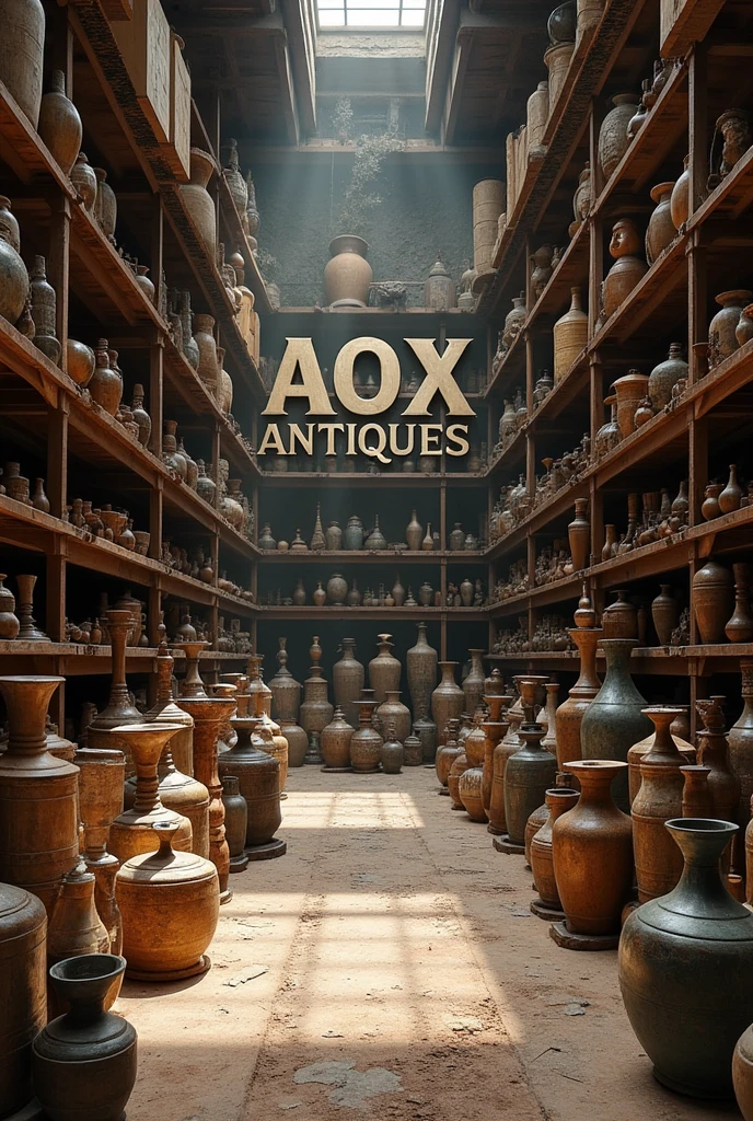 places a warehouse with objects of ancient and rare value, and some letters in front written "AOX ANTIQUES"