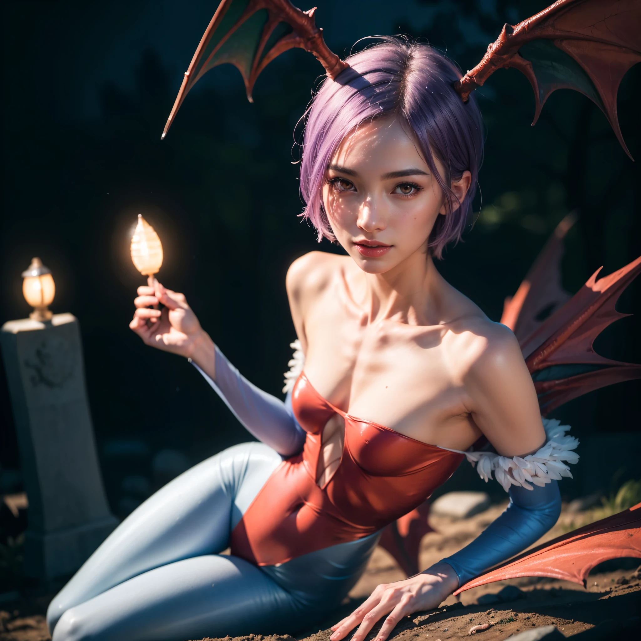 ((Masterpiece)), (high resolution:1.4), (siting:1.2), (dinamic pose:1.4), lilith aensland, violet hair, wings, looking at viewer, beautifull smile, (graveyard at night), dark castle outside at night, beautiful face, highly detailed skin, skin pores, (highly detailed face:1.1), (highly detailed eyes:1.1), realistic pupils, full face blush, full lips, (perfect anatomy:1.1), (perfect proportions:1.1), (photography:1.1), (photorealistic:1.1), volumetric lighting, dynamic lighting, real shadows, (highres:1.1), sharp focus, (realistic, hyperrealistic:1.4), intricate, high detail, dramatic, subsurface scattering, big depth of field, vivid, polished, sharpened, ((full Sharp)), (extremely absurdres),16k hdr, nightlight