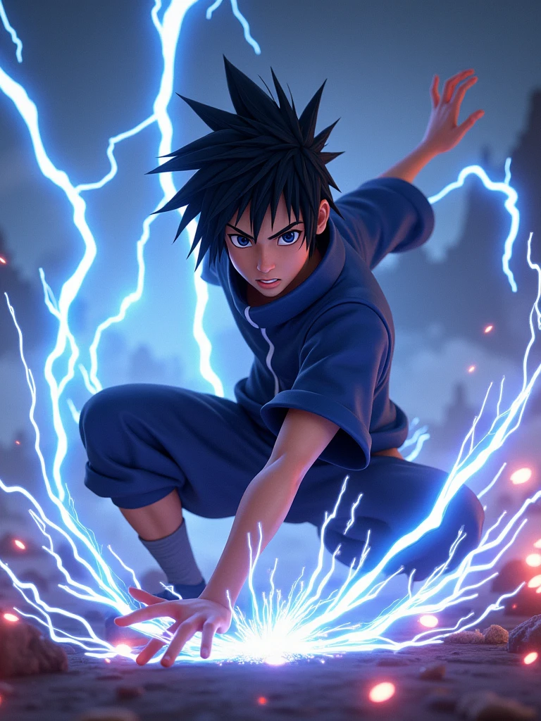 A Pixar 3D rendering illustrating Sasuke performing the Chidori Type 1 Bakuretsu Sen. Inspired by the style of Pixar animations, the scene portrays Sasuke in a dynamic pose surrounded by pulsating bolts of lightning. The colors are vivid and energetic, with electrifying blues and luminous whites. Sasuke's expression reflects his focused determination. The lighting is bright, casting dramatic shadows and highlighting the electrical discharges. The atmosphere is filled with energy and excitement.