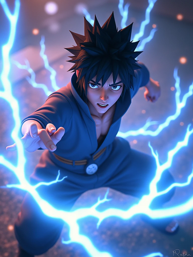 A Pixar 3D rendering illustrating Sasuke performing the Chidori Type 1 Bakuretsu Sen. Inspired by the style of Pixar animations, the scene portrays Sasuke in a dynamic pose surrounded by pulsating bolts of lightning. The colors are vivid and energetic, with electrifying blues and luminous whites. Sasuke's expression reflects his focused determination. The lighting is bright, casting dramatic shadows and highlighting the electrical discharges. The atmosphere is filled with energy and excitement.