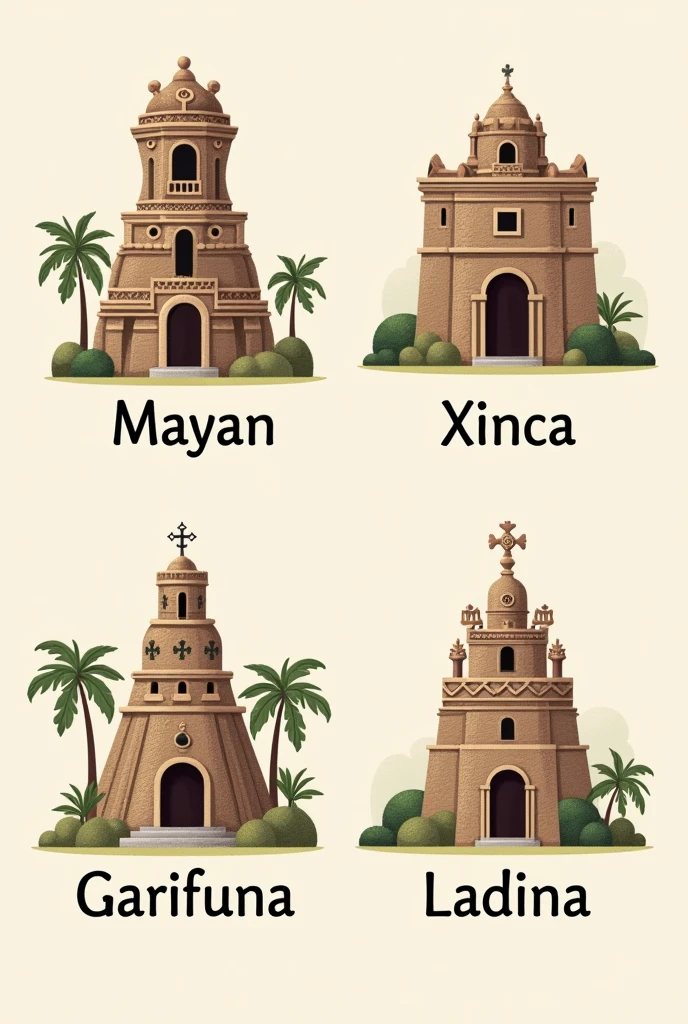 Create a symbol of Mayan culture, another from the Xinca culture, another from the Garifuna culture, another from the Ladina culture that are based on their architecture and that share similarities