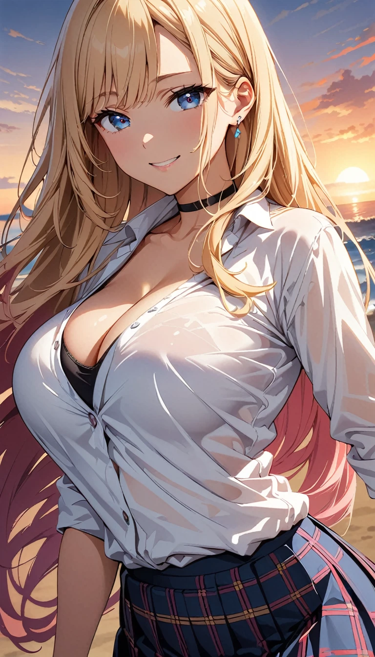 (Highest quality:1.2, Anime artwork, Very detailed, Attention to detail, digital coloring, High Contrast, masterpiece:1.2, Highest quality, Best aesthetics), (((kitagawa marin, 1 girl))), blonde, Straight Long Hair, Pink gradient hair, Red eyes, Earrings, White shirt, Black choker, Check skirt,, smile, Are standing, Cowboy Shot, Sunset on the beach、Detailed Background,Big Breasts:1.2、Cleavage、See through 、Lightweight shirt、Pink underwear、Underwear is visible、Dynamic pose