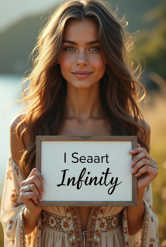 Beautiful girl with wavy long hair, bohemian dress, holding a white board with text "I Love Seaart Infinity" and showing it to the viewer