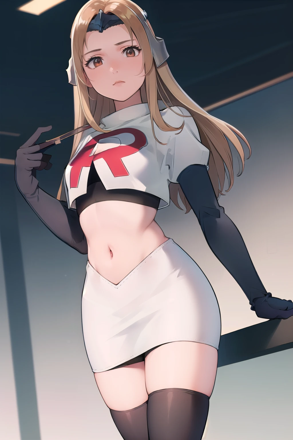 masterpiece, best quality, mathilda, brown eyes,helmet,  looking at viewer, team rocket,team rocket uniform,white skirt,red letter R,crop top,black thigh-highs,black elbow gloves