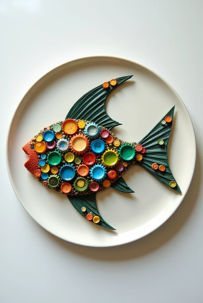 Plastic bottle caps on a plate, in realistic fish shape 