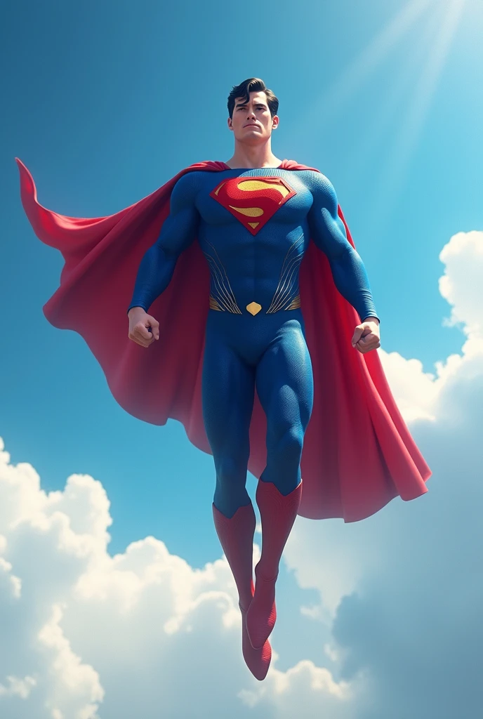 The full body Superman, with tight clothes, flying through the blue sky, in a clear and bold setting, with a landscape with blue sky and clouds