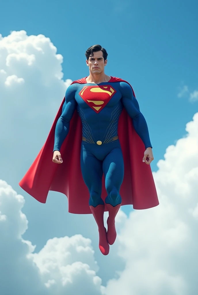 The full body Superman, with tight clothes, flying through the blue sky, in a clear and bold setting, with a landscape with blue sky and clouds