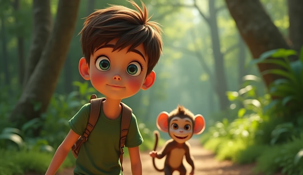 An  boy with short brown hair and curious blue eyes. He wears a green t-shirt and adventurer pants being pulled and following a small monkey of curious eyes, with light brown fur and large, expressive eyes, who leads him along a hidden trail among the dense trees, rendered in 3D Disney Pixar animation