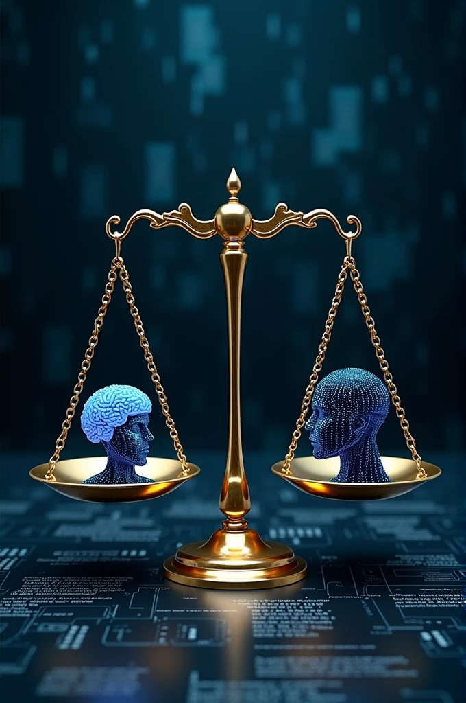 

What image would be novel for the.cover For a novel cover of a book on AI and law, You might consider an image with a dark and elegant background that evokes seriousness and professionalism..
In the middle, a scale of justice, but instead of traditional dishes, could have electronic circuits and chips.
On one side of the scale, a stylized human brain, representing natural intelligence, and on the other side, a robot head or a symbol of artificial intelligence.
In the background, subtle lines of binary code or neural network graphics mixed with legal texts (as paragraphs of constitutions or laws).
Predominant colors: Metallic tones such as silver or chrome to highlight the technology, and blue or gold for the legal elements.