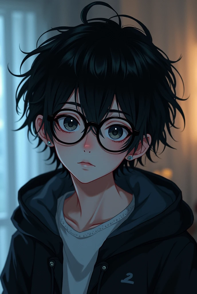 Emo shy boy cute hot palid with glasses and long messy black hair