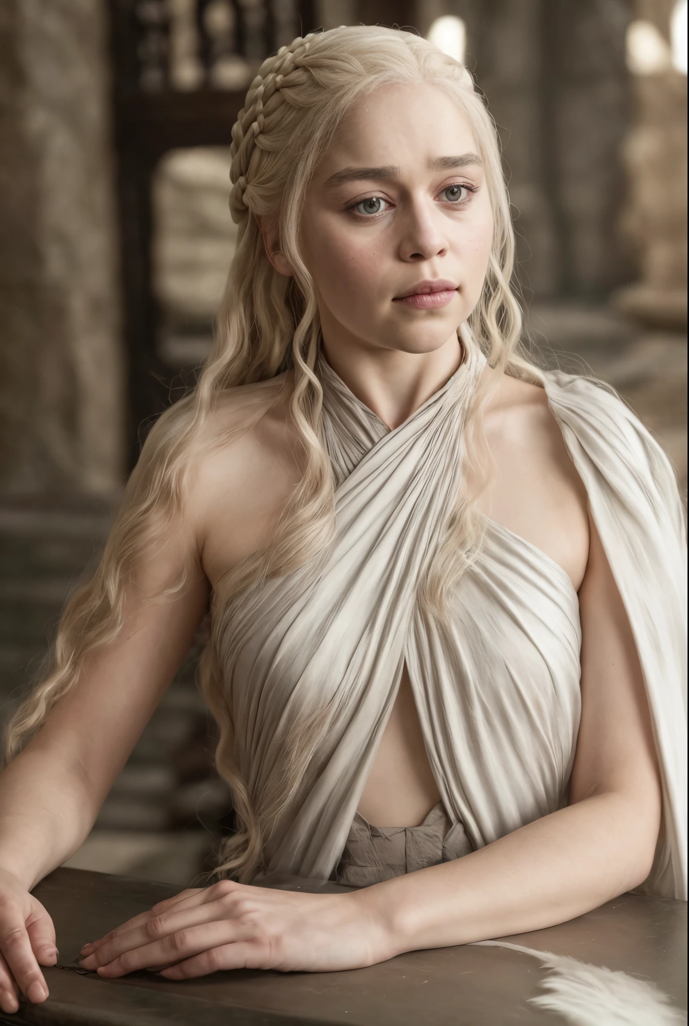 masterpiece, stunning portrait photo of khls woman, sleeveless, erotic costumes, sensual satin dress, game of thrones inspired costumes,
