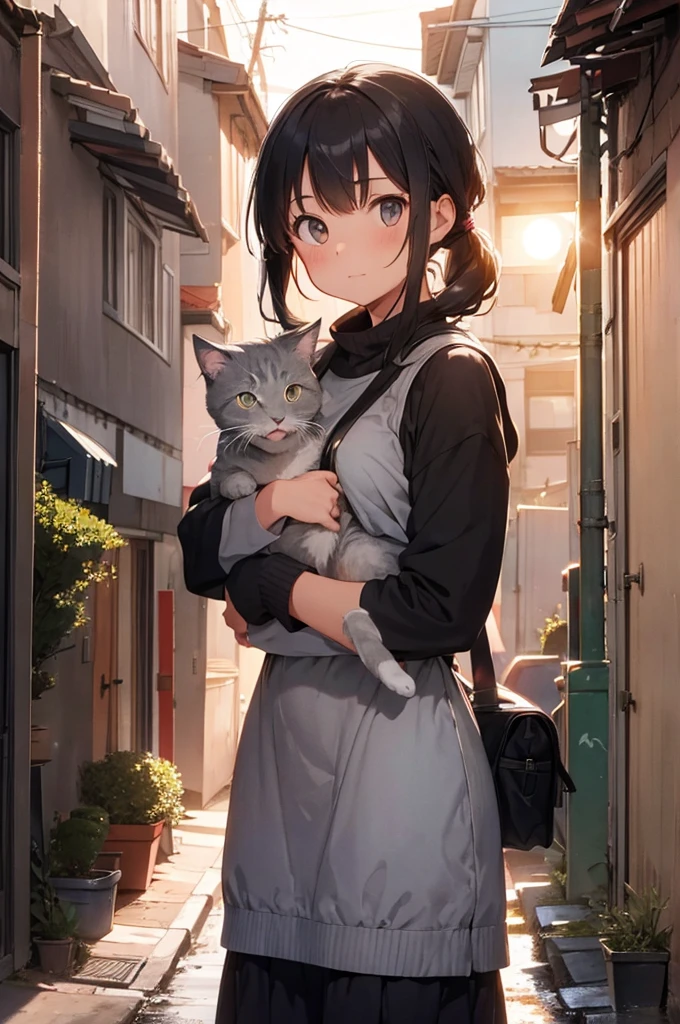 girl with a grey cat on top of her, alleyway, sunset