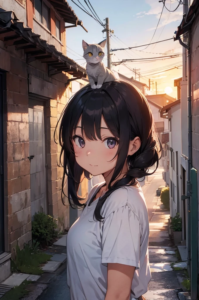 girl with a grey cat on top of her, alleyway, sunset