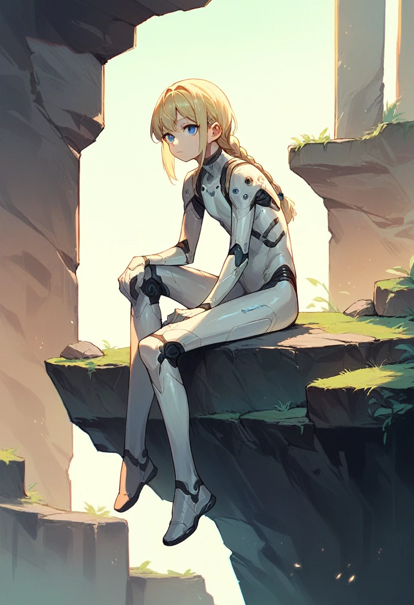 Slim blonde girl,Long straight hair with two braided bangs in the front, blue eyes,white futuristic suit with green and blue, young ,full body image ,sitting on a stone, on a cliff ledge