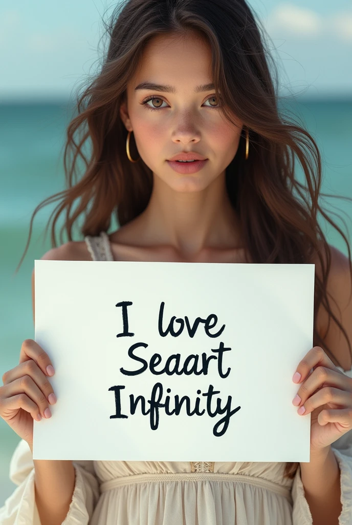 Beautiful girl with wavy long hair, bohemian dress, holding a white board with text "I Love Seaart Infinity" and showing it to the viewer