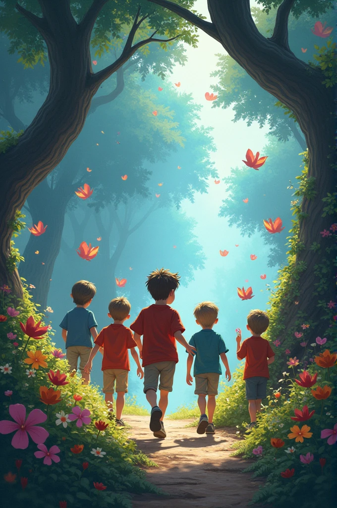 Six boys kiddo walking in the fairy land