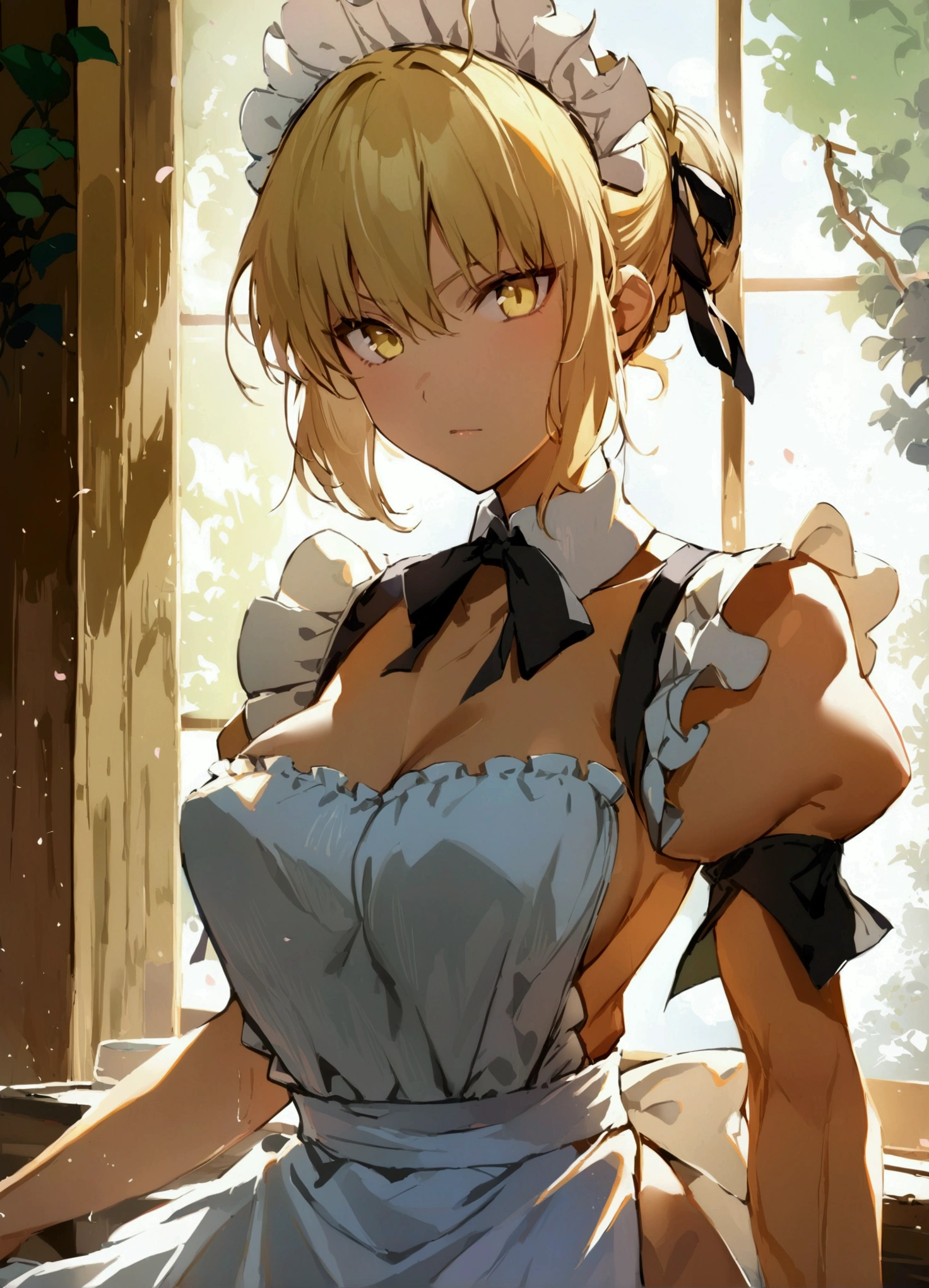 1girl, solo, breasts, looking at viewer, short hair, bangs, blonde hair, long sleeves, ribbon, hair ribbon, yellow eyes, braid, sidelocks, frills, puffy sleeves, indoors, hair bun, apron, maid, maid headdress, window, black ribbon, juliet sleeves, white apron, index finger raised, maid, artoria pendragon \(fate\), saber alter,nude,naked,no_clothes