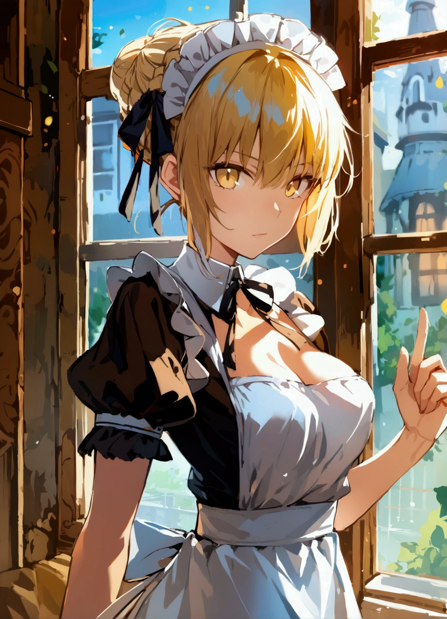1girl, solo, breasts, looking at viewer, short hair, bangs, blonde hair, long sleeves, ribbon, hair ribbon, yellow eyes, braid, sidelocks, frills, puffy sleeves, indoors, hair bun, apron, maid, maid headdress, window, black ribbon, juliet sleeves, white apron, index finger raised, maid, artoria pendragon \(fate\), saber alter,nude,naked,no_clothes
