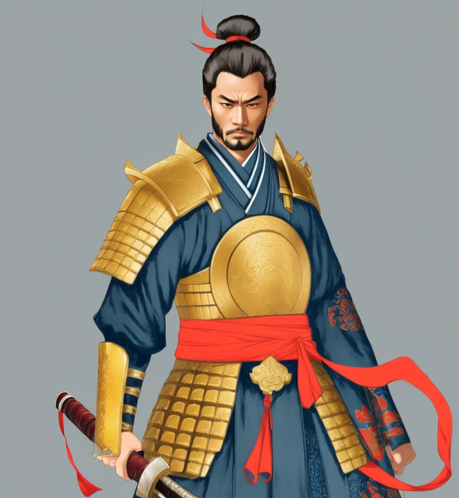 Need to create art for MMORPG, centered on a Japanese setting. digital painting, adult man, Samurai. Asian, samurai armor, golden armor, japanese samurai clothing,