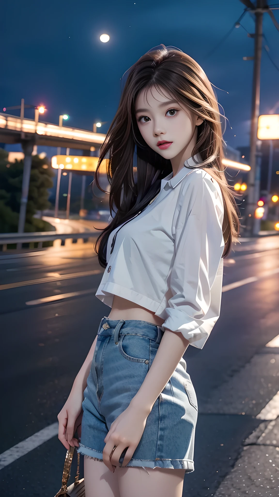 ulzzang-6500-v1.1, (RAW photo: 1.2), (Real photo), (Real photo: 1.4), 1 girl、Perfect anatomy、19 years old、Looking at the camera、Medium length hair, On the highway, the road is empty, the sky is at dusk and the moon and stars have begun to appear, ((on the highway: 1.1)), (clothes: 1.2), (Business service)、Asian eyes Ella,