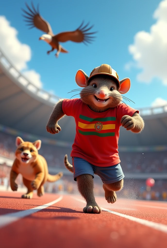An animated armadillo athlete in a crimson red T-shirt running in the Paris 2024 stadium with a brown miner's helmet and his third Bolivian flag (Red color, yellow and green horizontally)
A puma chasing from behind An Andean condor in the air Faster The Andean condor closer You forgot about the shell, This is outside the shirt