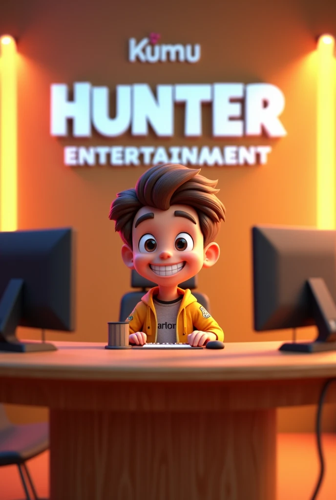 Make a cutie men cartoon in studio setup streamer and have mic the background of color is gradient brown and yellow then the background have name of the hunter entertainment and the top side have name kumu
Put name background “ hunter entertainment agency please the size picture is 500x500 make it more cutie and 3d and hd put hunter entertainment at the back of subject show it all