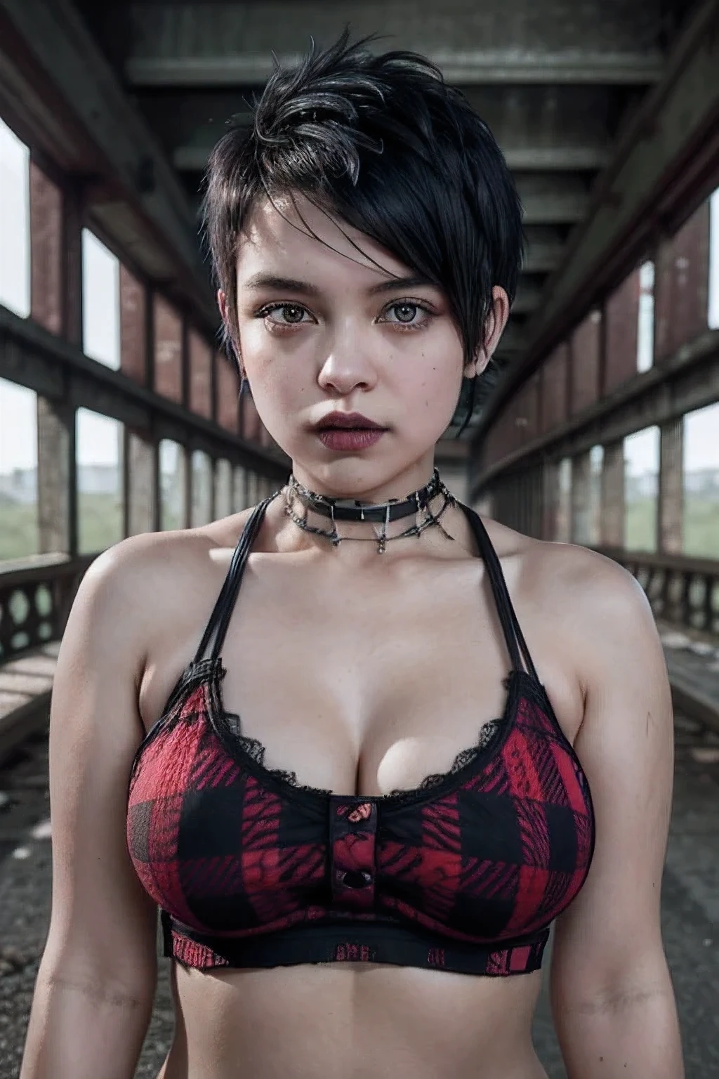 (((PUNK HAIRCUT))), A girl with a very fat bbw body naked in the middle of a dilapidated bridge, ((NECK LACE)), ((GOTH GIRL BLACK LIPS)). ((Red Plaid Croptank))