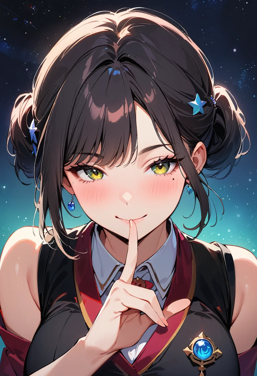(masterpiece, best quality:1.4), 1 girl, 独奏, Star pupil, Blurred eyes, Close your left eye, Smile, Look up and down, peace gesture, Right tear mole, (Green double ponytail hairstyle:1.2),  Royal sister, large breasts, Vest, Vision, Midnight starry sky background.